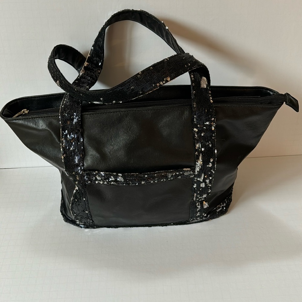Murval Tote Black Faux Leather Silver & Black Mermaid Sequin Trim & Straps